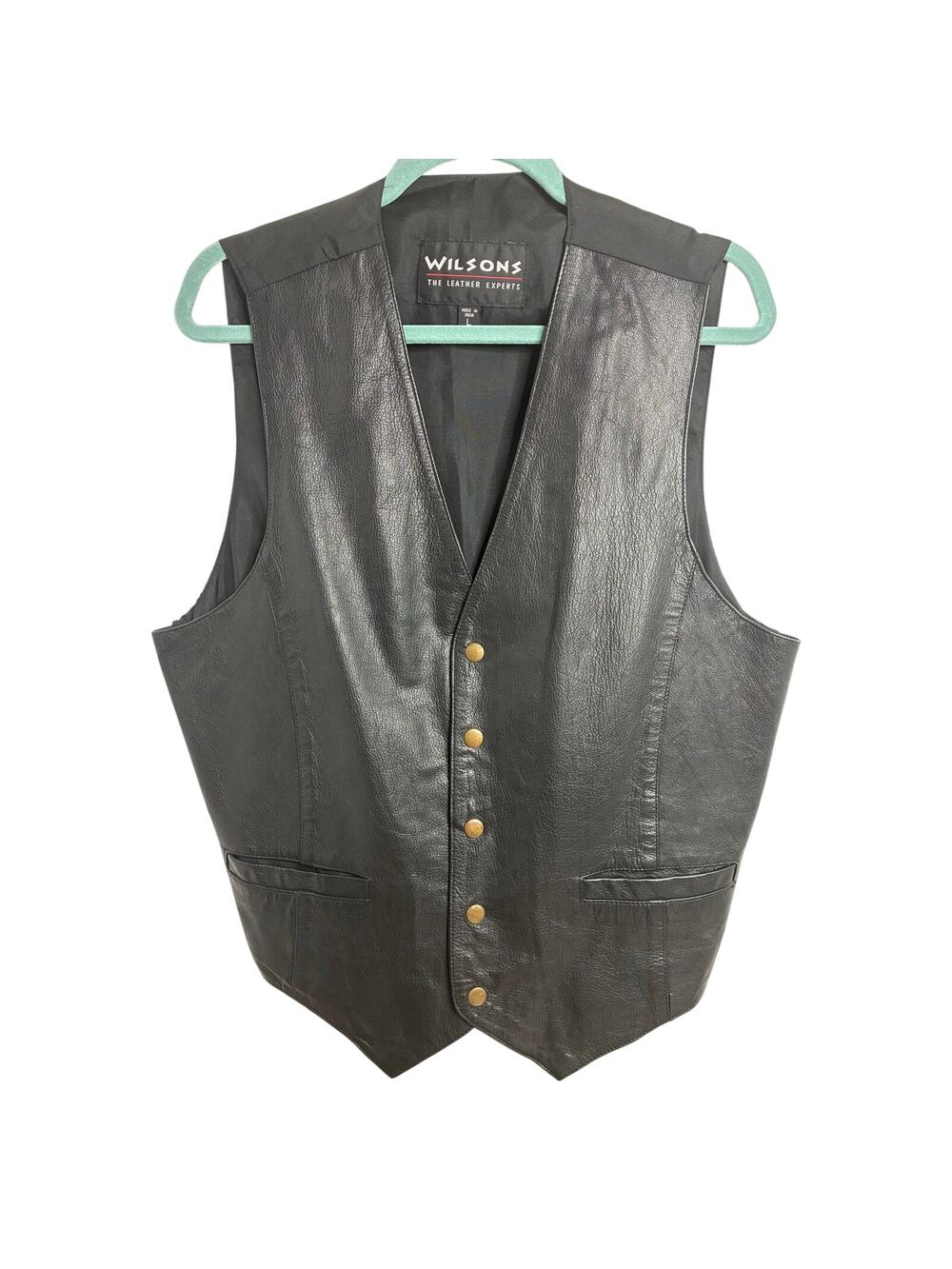 Wilsons Vintage Black Leather Moto Vest Large Snap Front, Back Buckle 90's